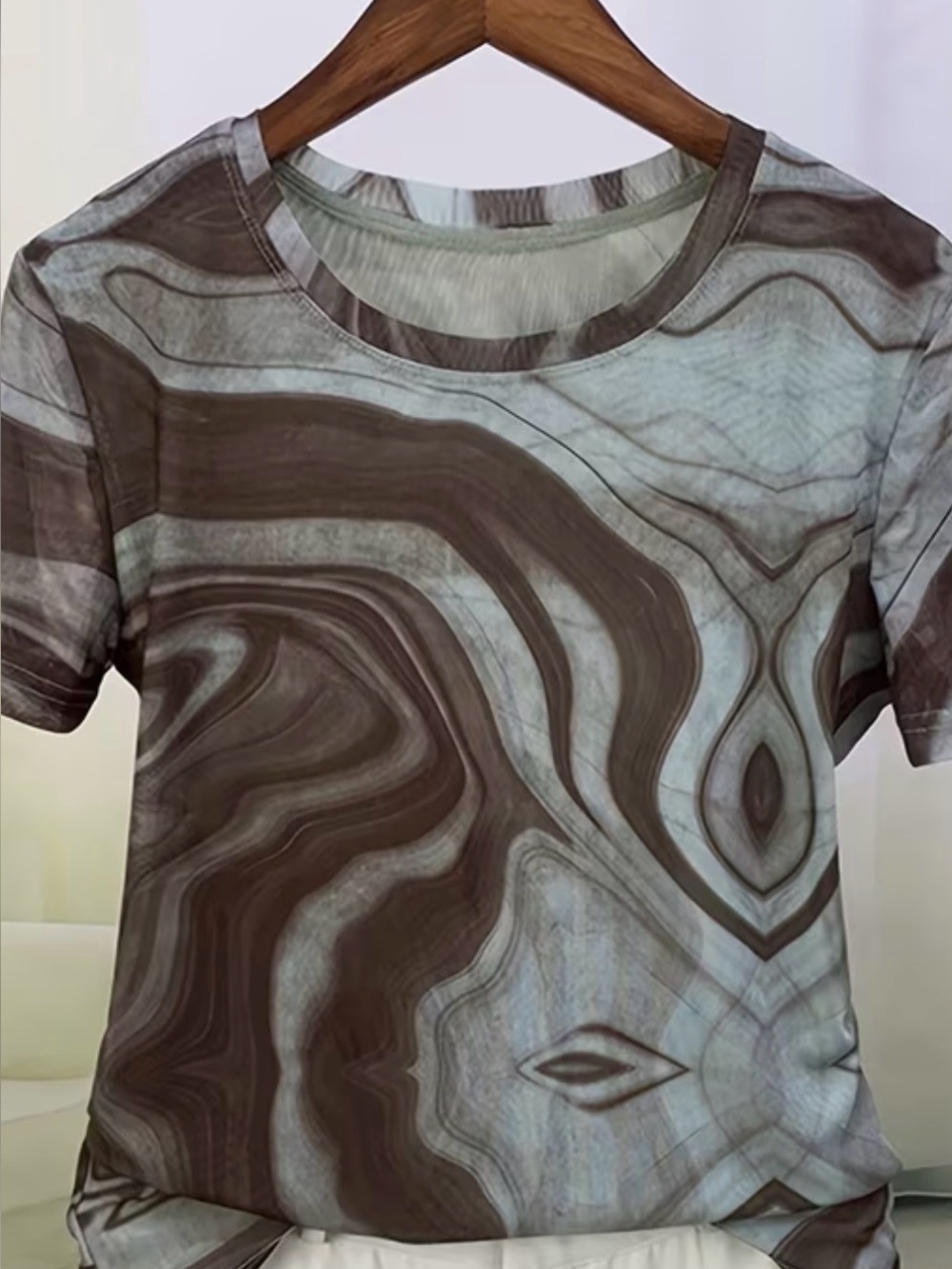 Women's Marble-Print Short Sleeve Tee - Brown & pale mint green Medium fit